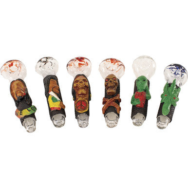 6ct. 5in California Blown Glass Pipes with Clay Designs