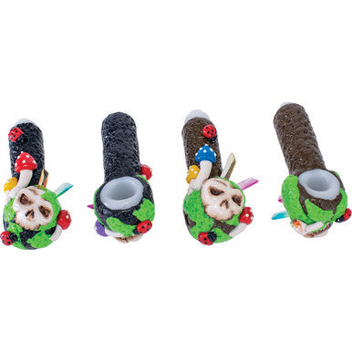 5" Skull, Mushroom and Bees Hand Pipe (Colors Vary)